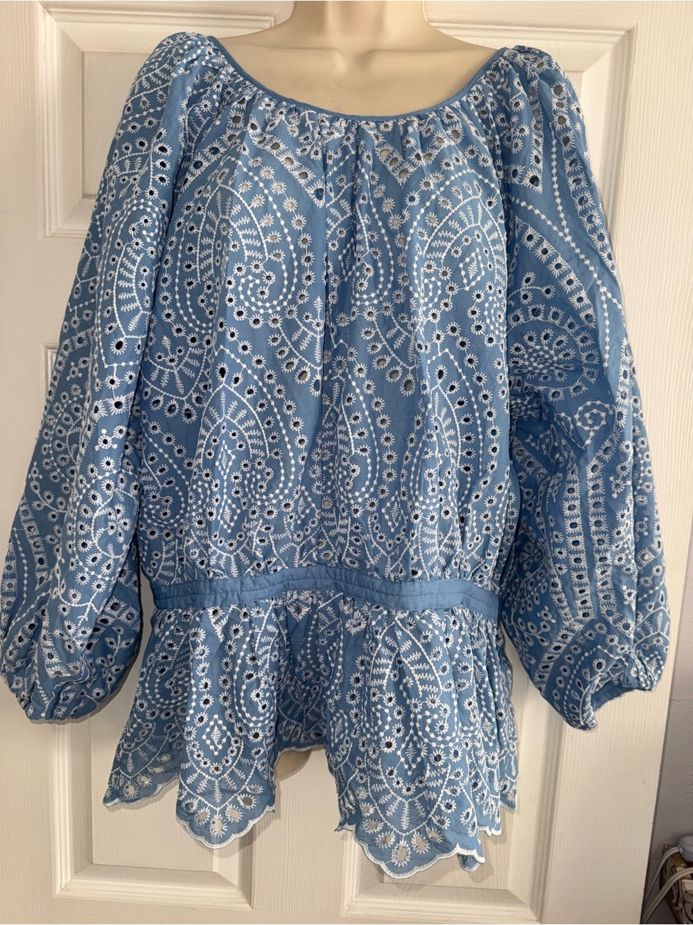 Elie Tahari Light Blue and White Eyelet Peasant Top